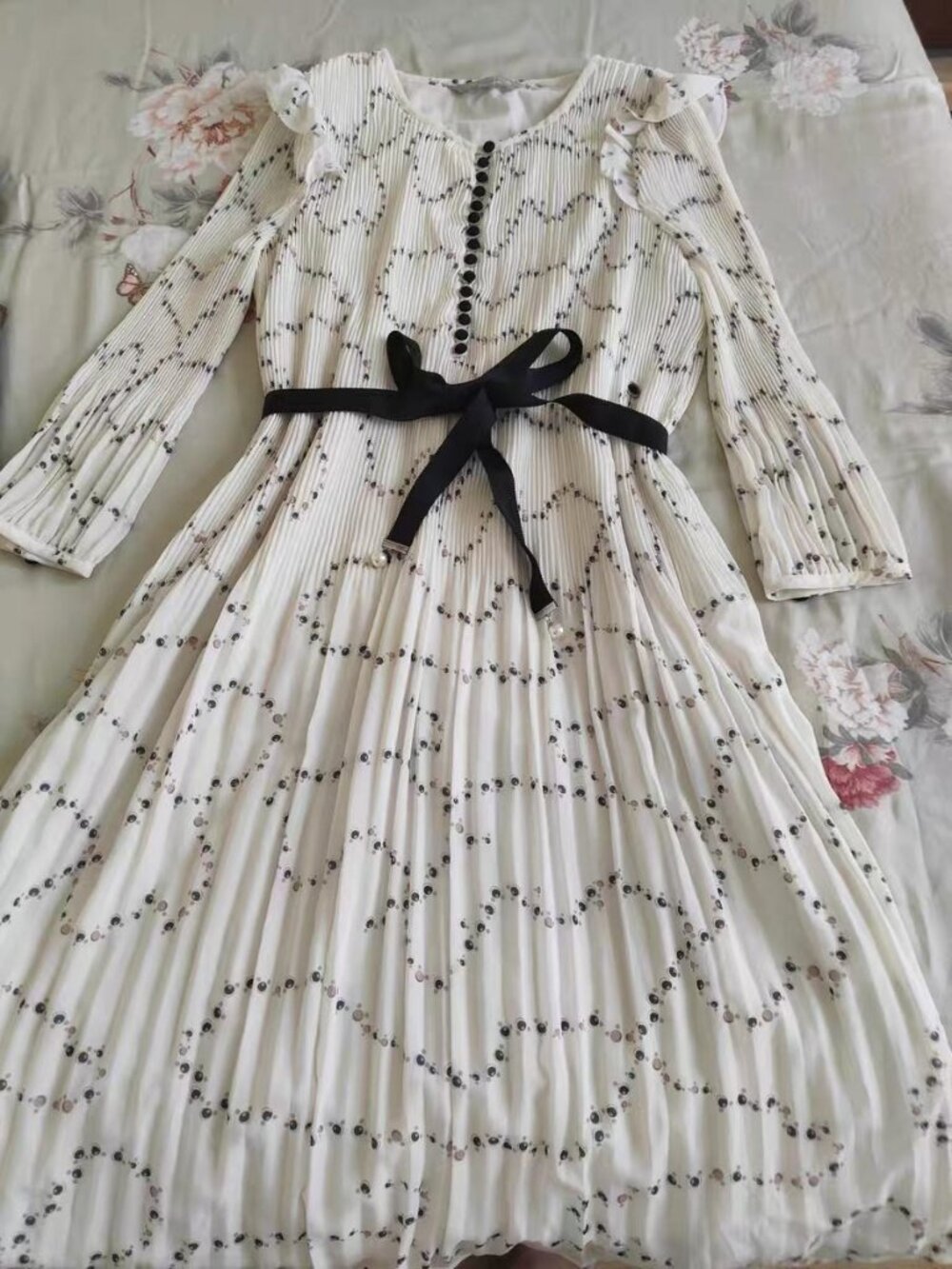 White Pleated Midi Dress Black Dot Print Ruffle Shoulder Belted Waist